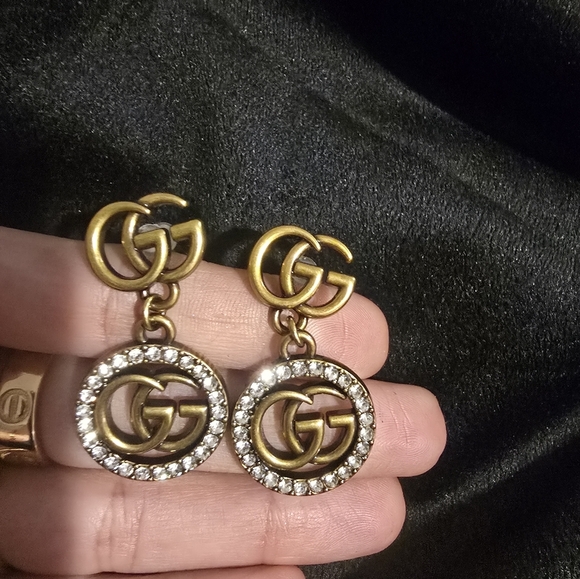 18kgp Gucci Gold and Silver Crystal Logo Earrings - Picture 3 of 7